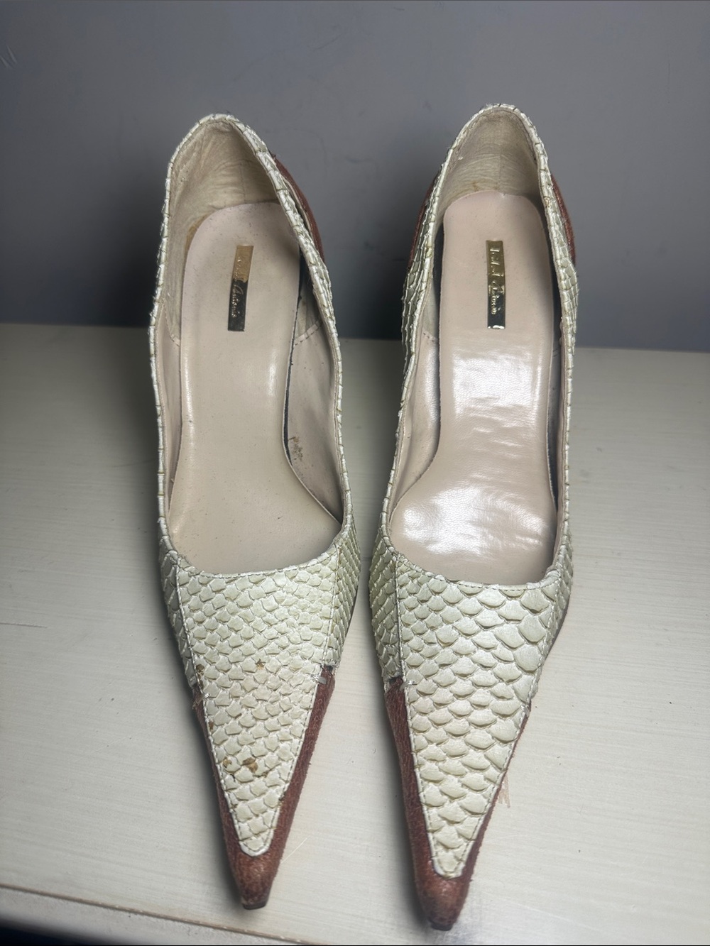Michael Antonio Pointed Toe stiletto pump heels in Cream and Brown